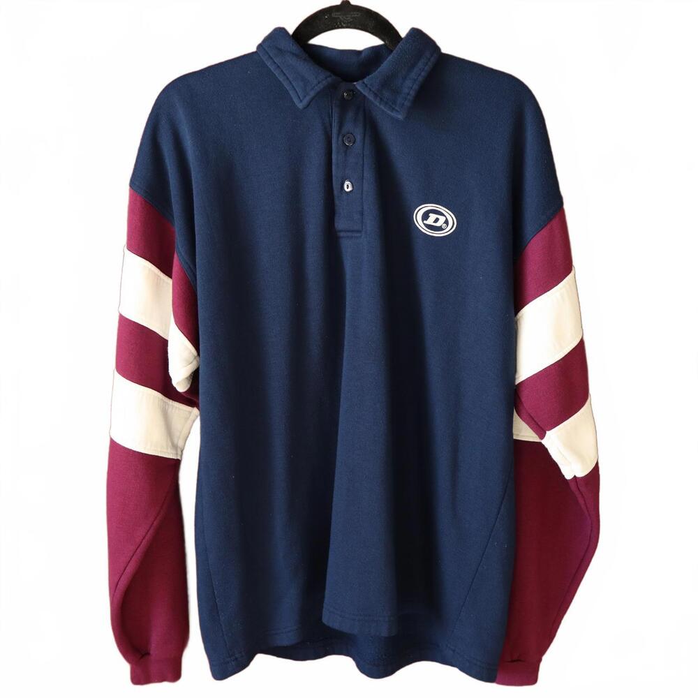 Dunlop Mens Long Sleeve Polo Shirt Navy Blue Red & White Striped Large Vintage